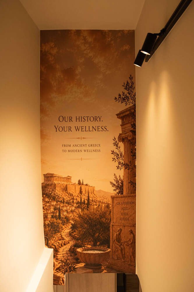 Greek-inspired mural inside Acropolis Touch spa in Athens
